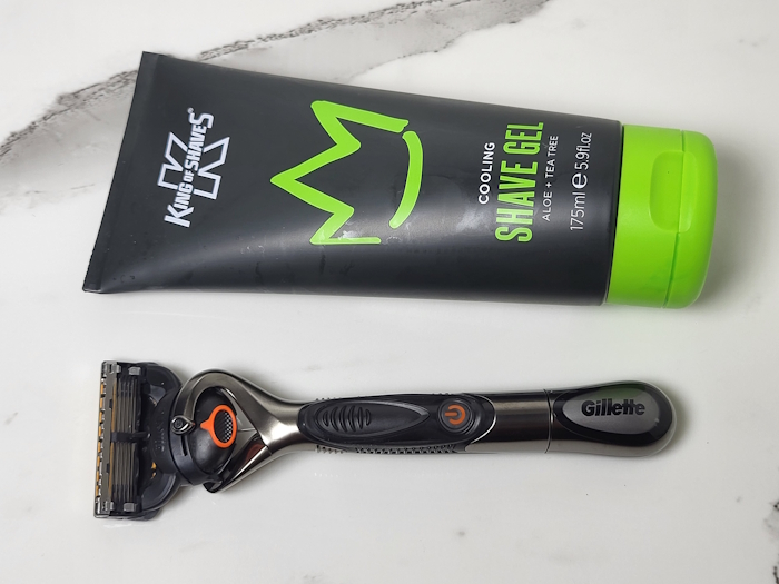 tube of King of Shaves Cooling Shave Gel with Gillette ProGlide Power razor