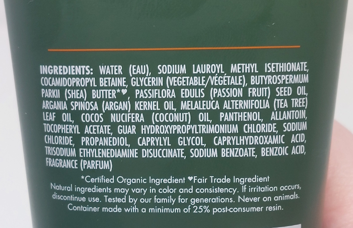 SheaMoisture Beard wash ingredients list on the back of the tube