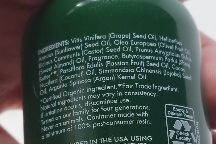 close up of SheaMoisture Beard Conditioning Oil ingredients on the back of the bottle