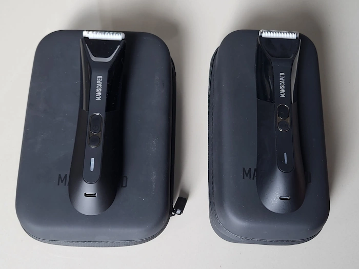 Manscaped Lawn Mower 5.0 Ultra and 4.0 Pro on top of their travel cases