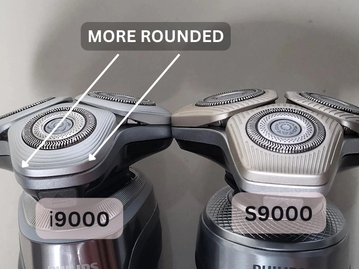 Philips i9000 Prestige and S9000 Prestige next to each other displaying the head sections of i9000 more rounded with text