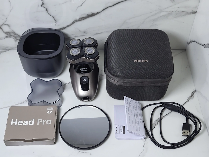 Philips Head Shaver Pro 9000 Series unboxed with all components displayed