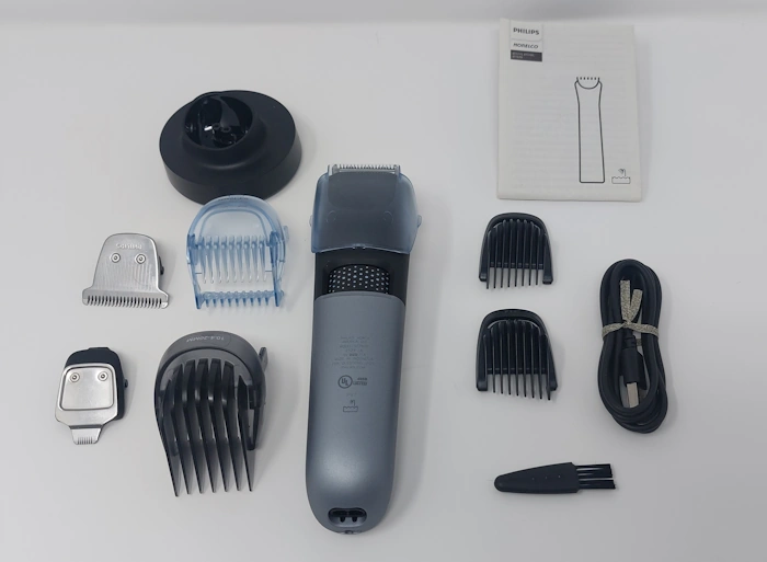 Philips Norelco Series 7000 Beard Trimmer unboxed with all components laid out