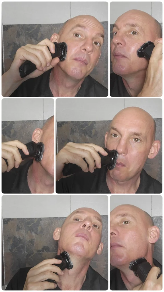 collage of Jason Jones shaving with the Philips i9000 shaver