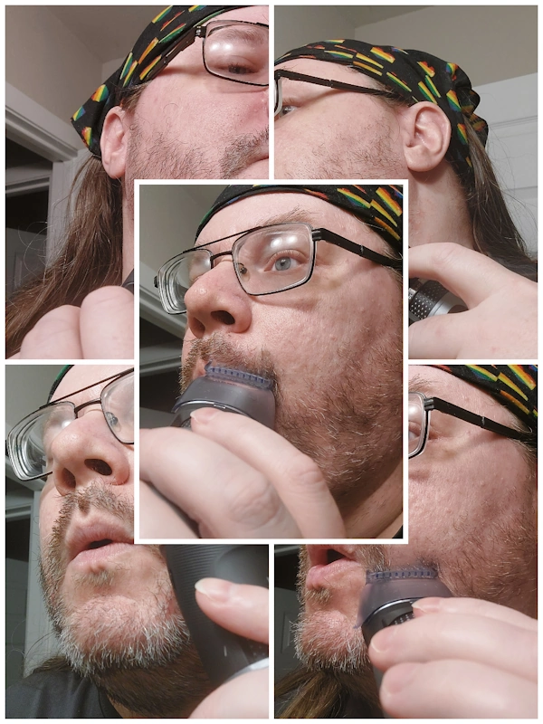 collage of Robert using the Philips Norelco Series 7000 Beard Trimmer