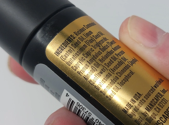 ingredients list on the back of a Manscaped Beard Oil bottle