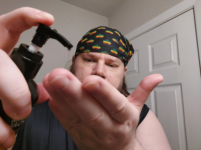 Robert using Every Man Jack Aged Bourbon Beard Wash Robert using Every Man Jack Aged Bourbon Beard Wash