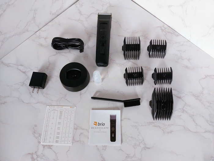 Brio BeardScape V2 Trimmer unboxed with all components laid out