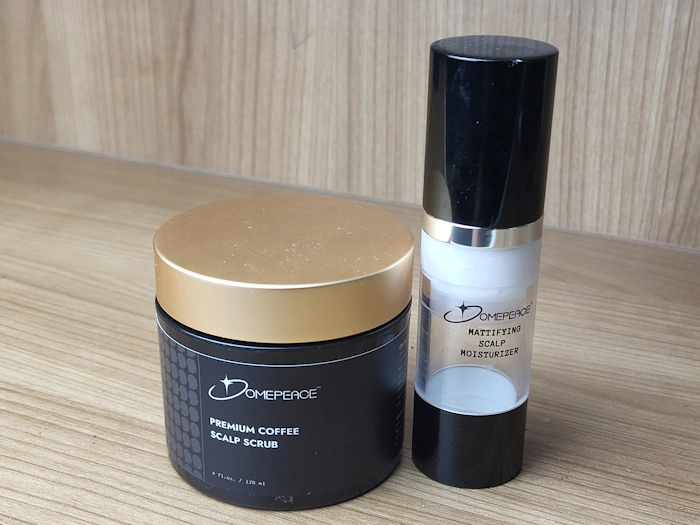 Domepeace Mattifying bottle next to coffee scalp scrub