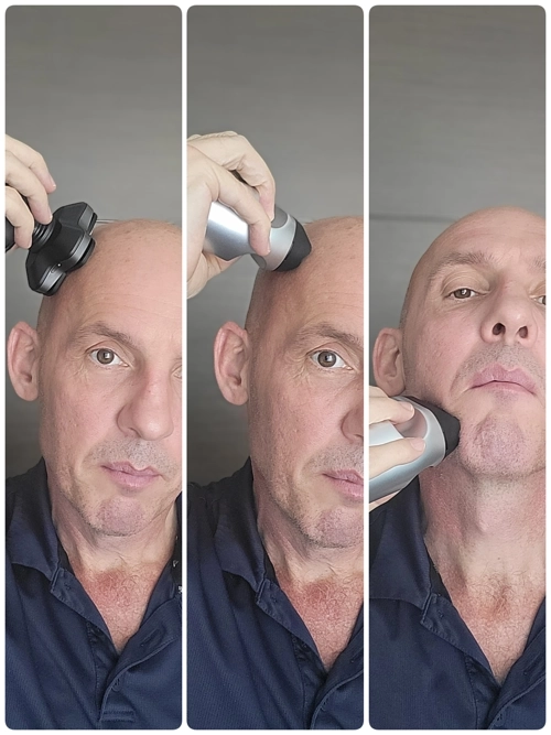 three images of Jason using the Aberlite Touch 2 head shaving, facial shaving and using the Philips head shaver