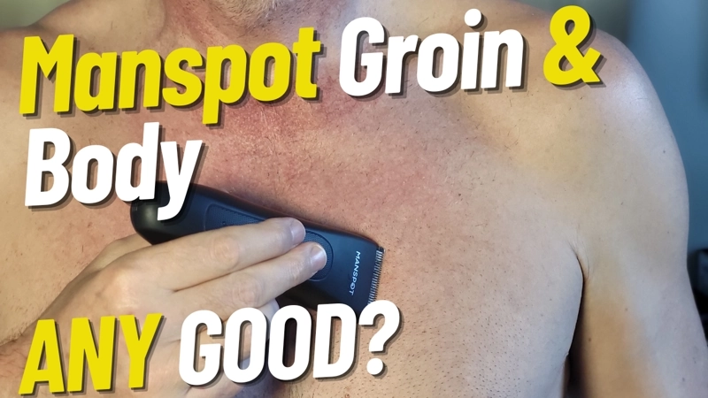 Jason Trimming his chest with Manspot Groin and Body Trimmer with text overlay