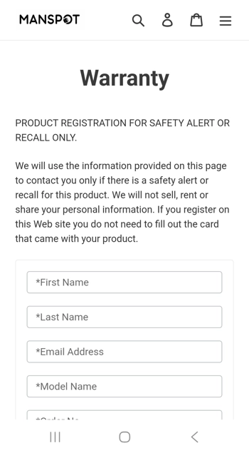 Manspot website warranty form