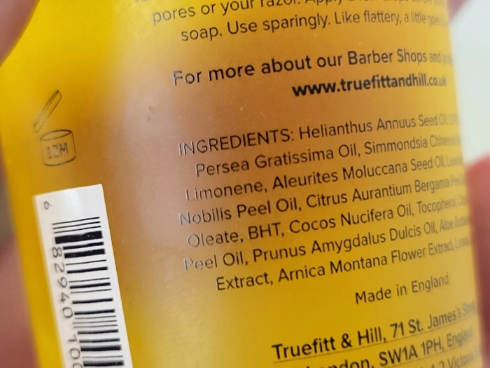 close up of Truefitt and Hill Comfort Pre Shave Oil ingredients on the back of the bottle