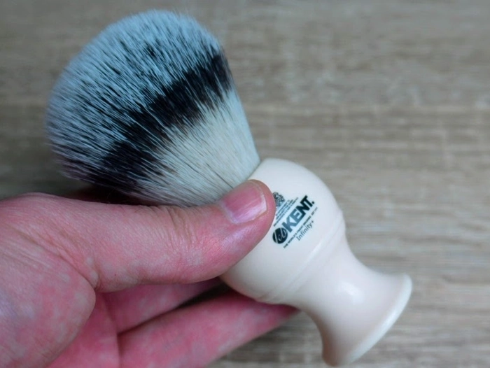 holding the Kent Infinity Plus Shaving Brush